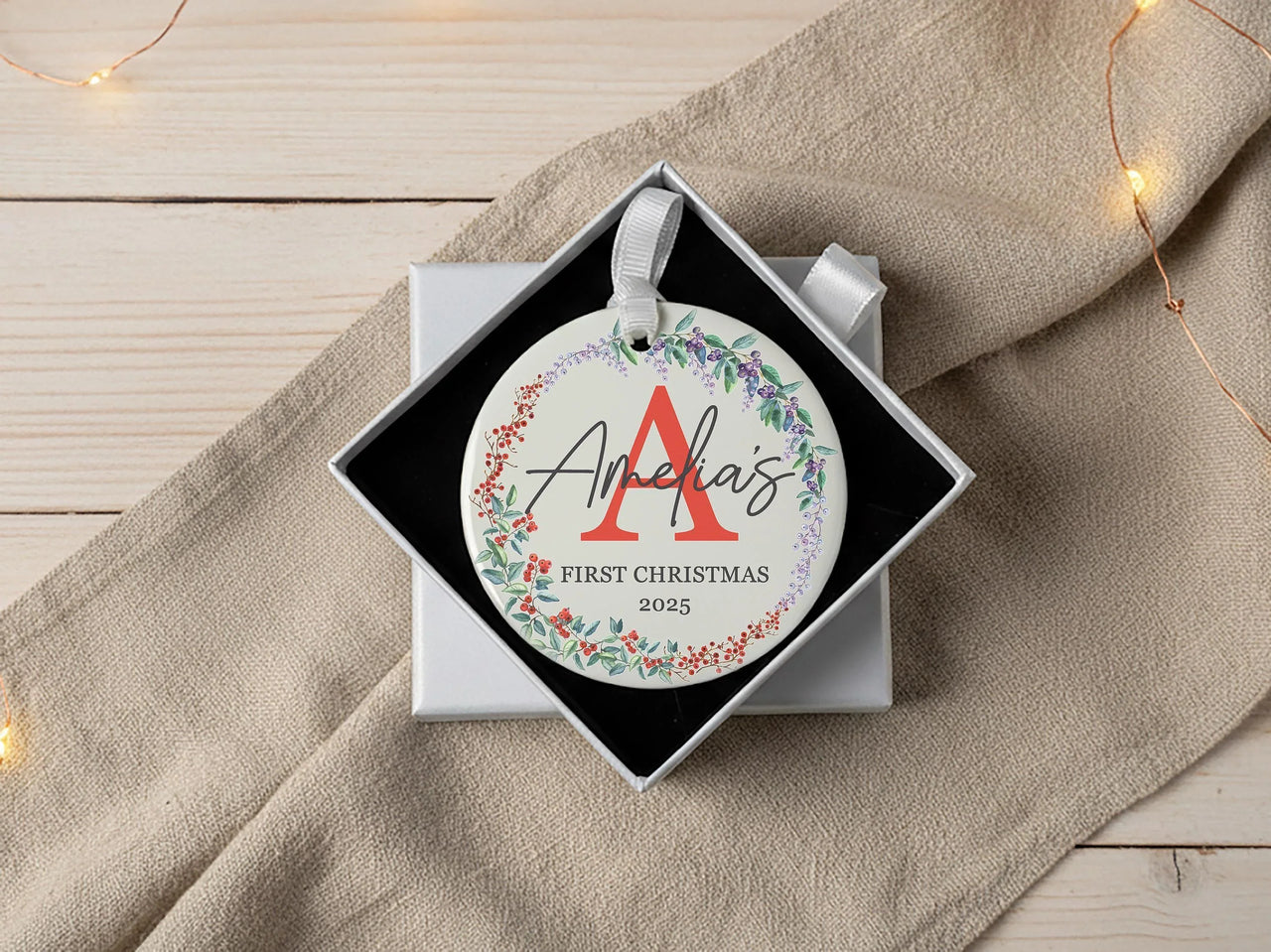 Baby First Christmas Ornament 2025 - Floral Wreath with Initial & Name