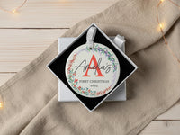 Baby First Christmas Ornament 2025 - Floral Wreath with Initial & Name
