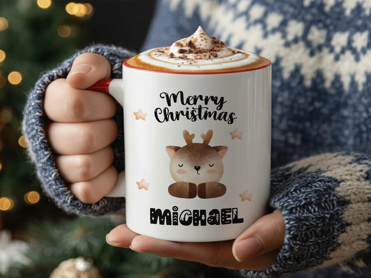 Personalised Christmas Mug – Kids Holiday Mug with Custom Name & Festive Stars