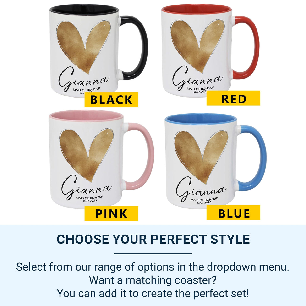 Maid of Honour Mug – Personalised Name and Wedding Date – Elegant Gold Heart Bridal Party Thank_You and Morning_of Keepsake