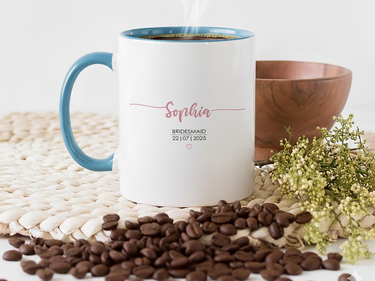 Bridesmaid Mug Personalised Name Date Pink Heart Wedding Gift