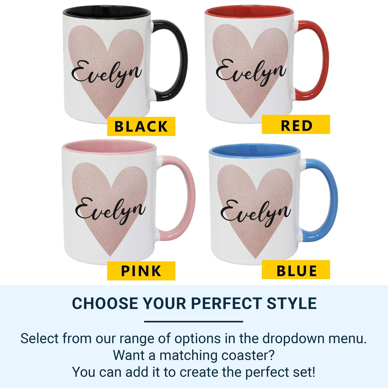 Personalised Name Mug – Pink Watercolour Heart with Elegant Script – Romantic Gift for Her and Valentine’s Day