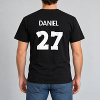 Adult Football Shirt Name Number Iron-On Transfer, shown on a black t-shirt (back view)