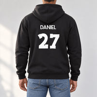 Adult Football Shirt Name Number Iron-On Transfer, shown on a black hoodie (back view)