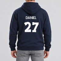 Adult Football Shirt Name Number Iron-On Transfer, shown on a navy hoodie (back view)