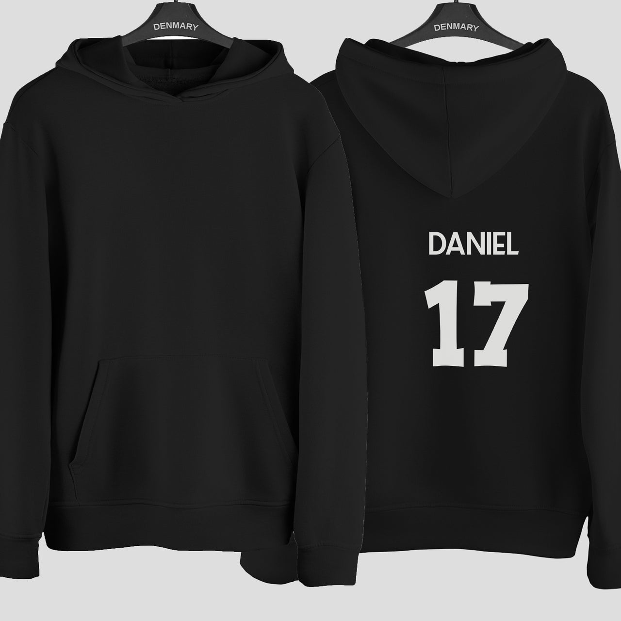 Adult Football Shirt Name Number Iron-On Transfer shown on a hoodie
