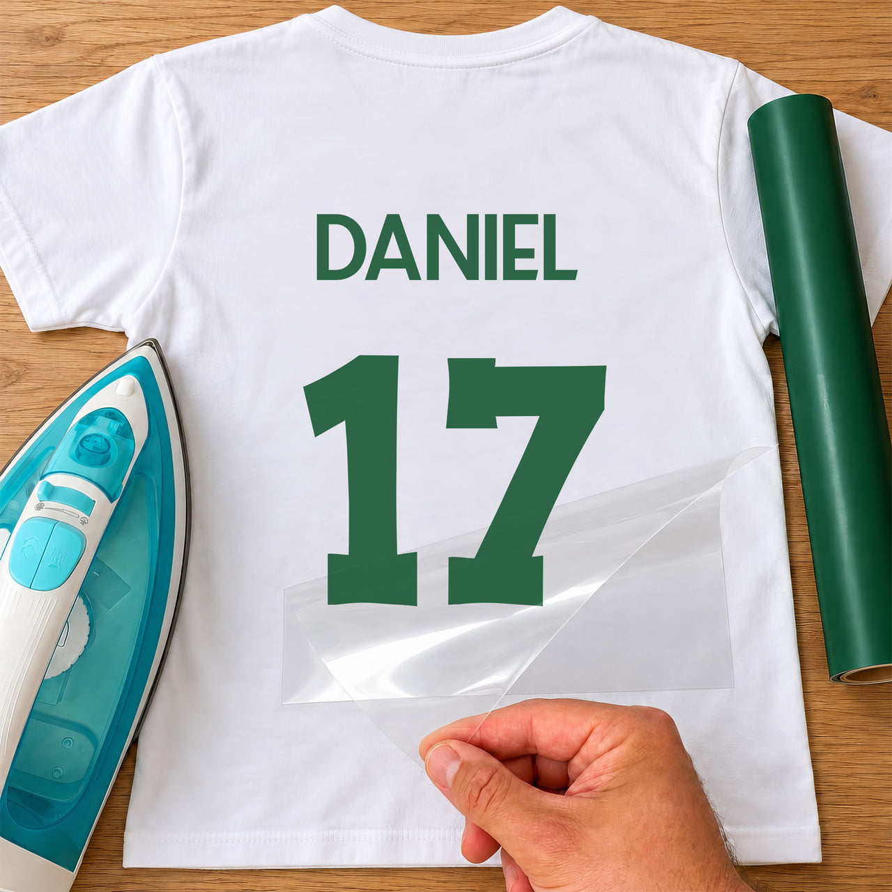 Adult Football Shirt Name Number iron-on transfer: green DANIEL 17 on a white T-shirt, film being peeled