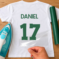 Adult Football Shirt Name Number iron-on transfer: green DANIEL 17 on a white T-shirt, film being peeled