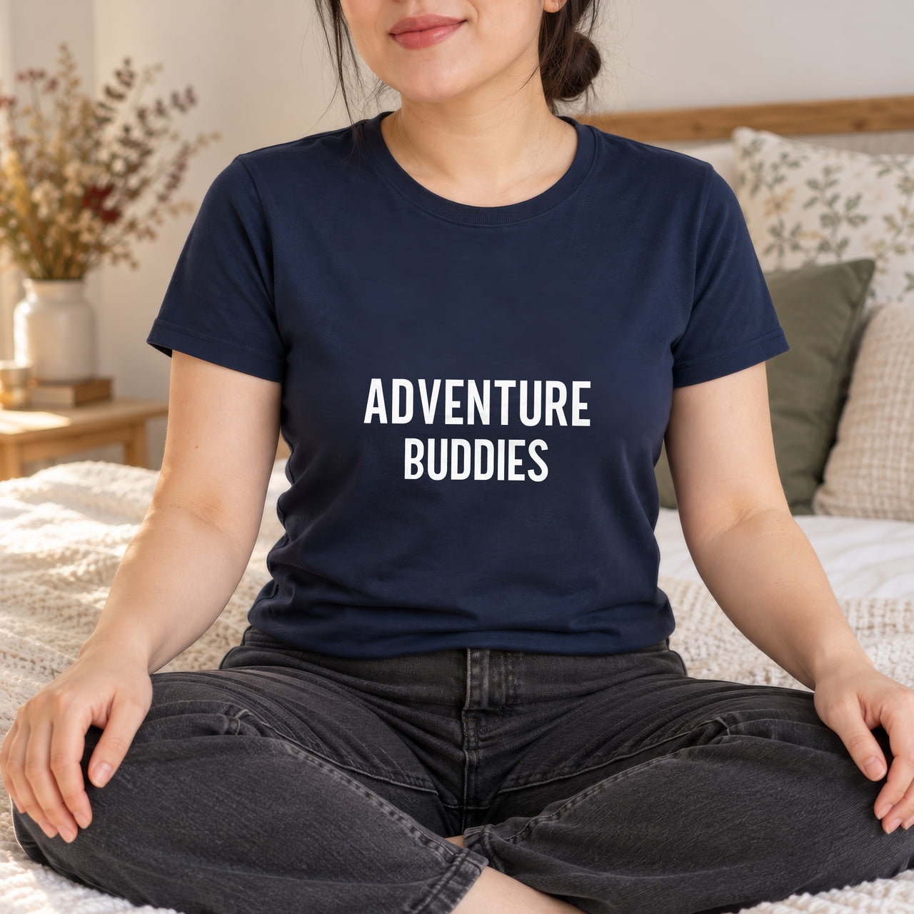 Adventure Buddies Iron-On Transfer - Family Travel Design, shown on a navy t-shirt