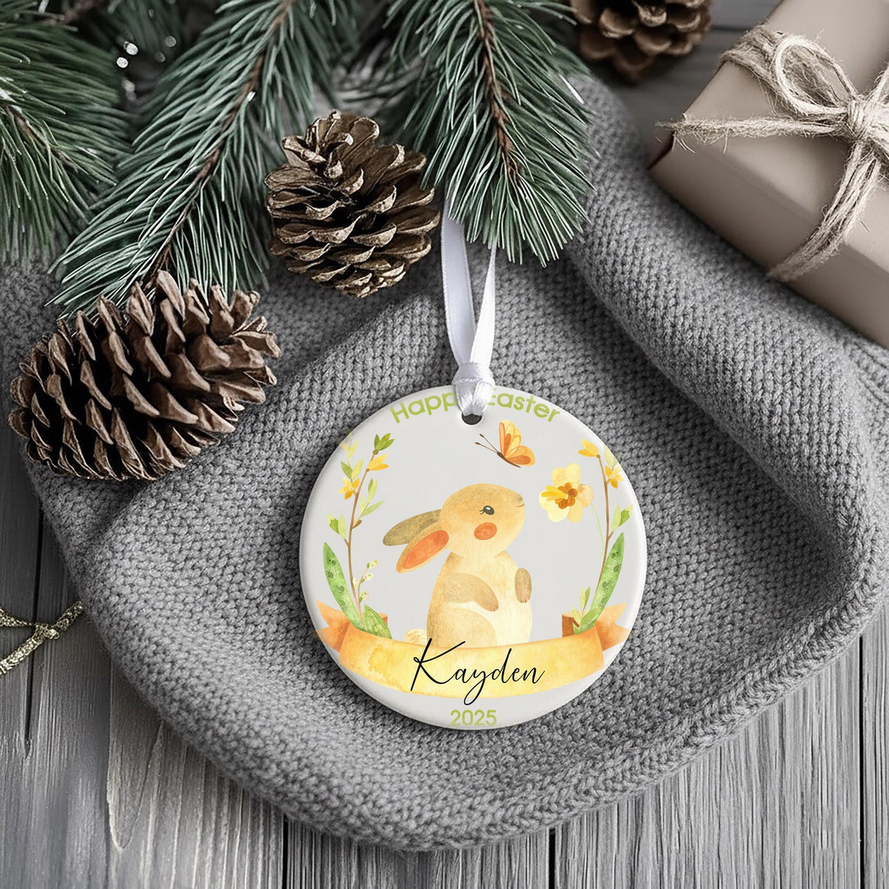 Easter Bunny Ornament 2025 - Watercolour Butterfly Keepsake with Name & Year