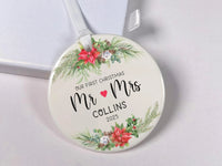 First Christmas Mr & Mrs Ornament - Newlywed Keepsake with Poinsettias for Couples' Tree