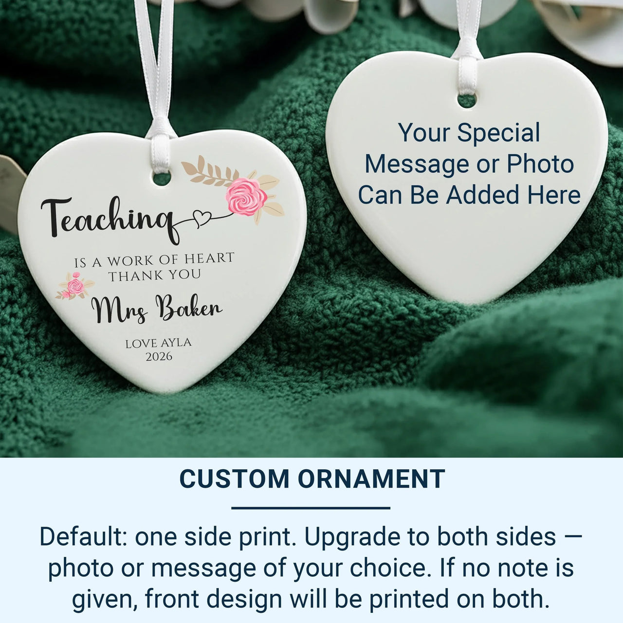 Teacher Heart Ornament 2026 - Floral Thank You Keepsake with Name & Message