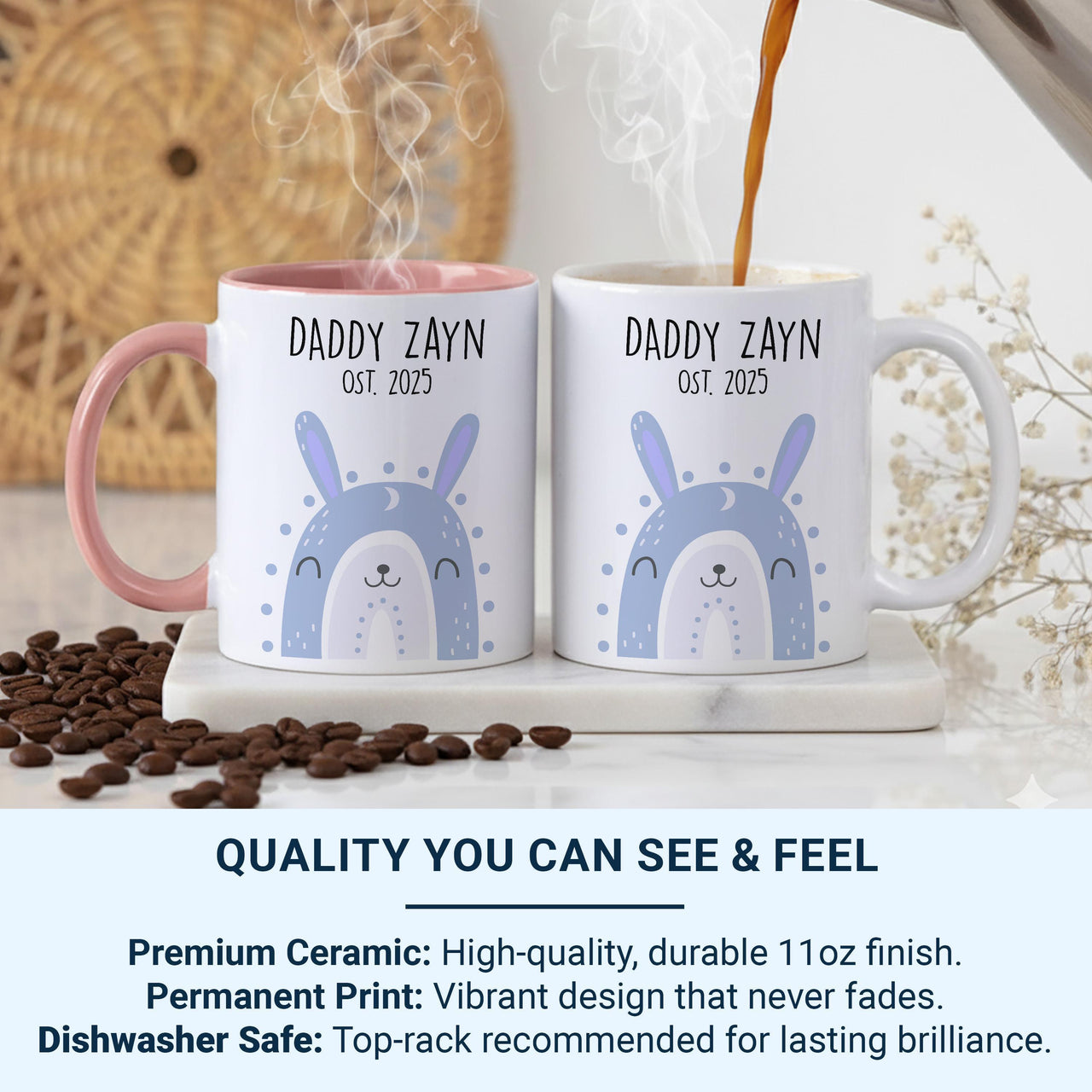 New Daddy Mug – Personalised Name and EST. 2025 – Cute Character Design for Baby Shower and First Father’s Day
