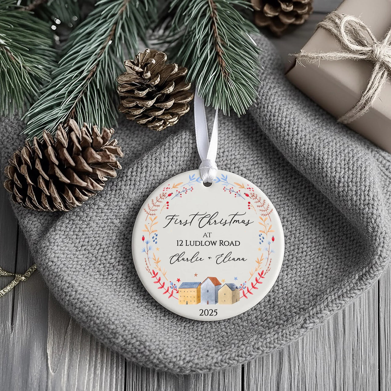 New Home Christmas Ornament 2025 - House Trio with Floral Border & Address