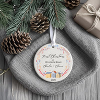New Home Christmas Ornament 2025 - House Trio with Floral Border & Address