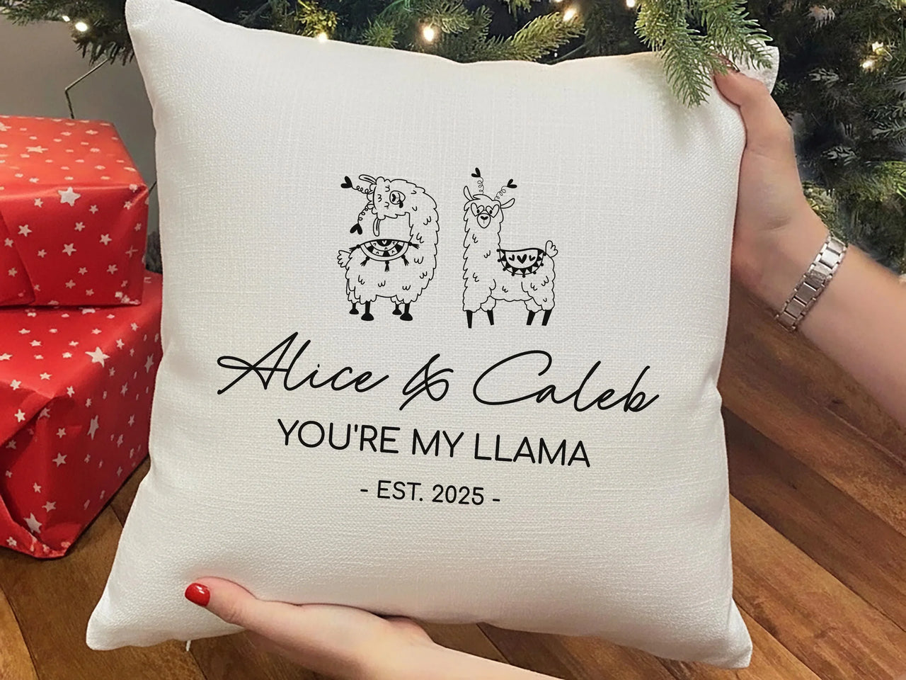 Personalised Llama Cushion – Romantic Couple Gift With Custom Name & Date