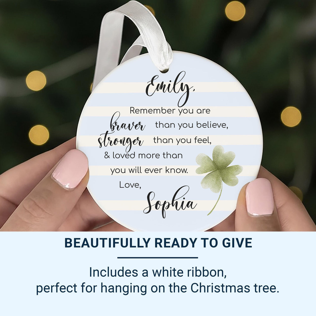 Motivational Ornament - Clover Keepsake with Quote for Encouragement & Friendship