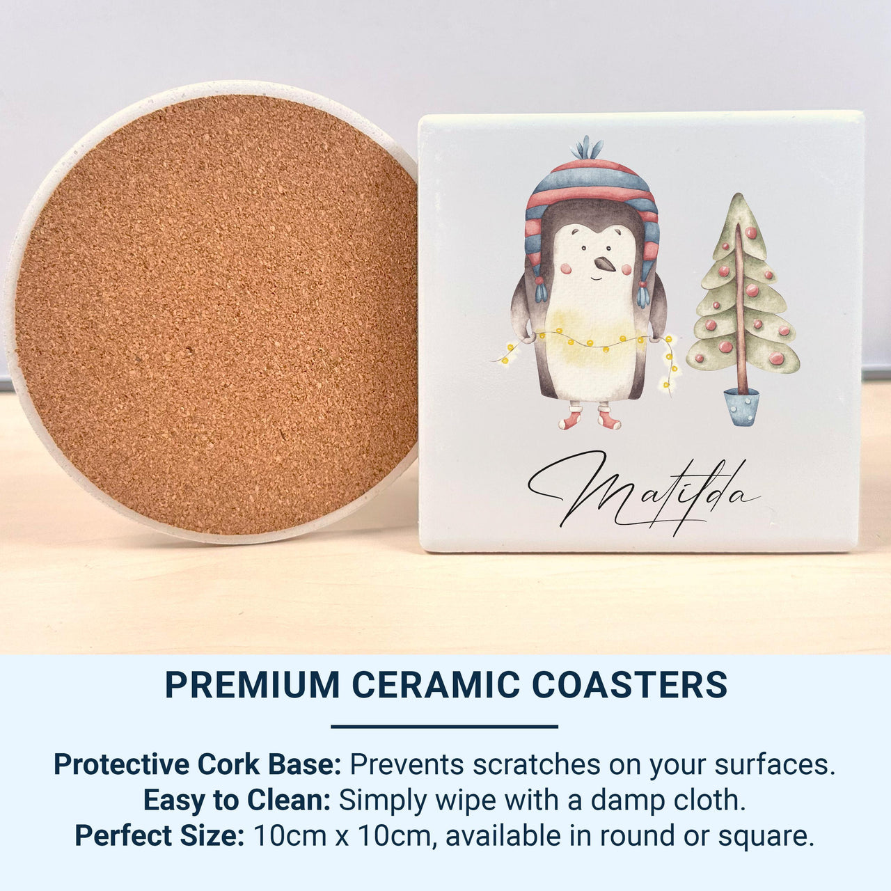 Personalised Christmas Penguin Mug – Name with Fairy Lights and Tree – Kids’ Festive Cocoa Cup and Stocking Filler