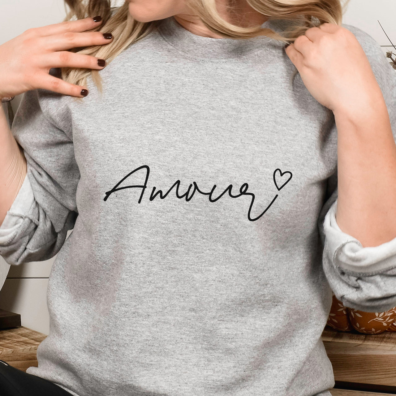 Amour Iron-On Transfer - French Script Heart Design shown on a sweatshirt