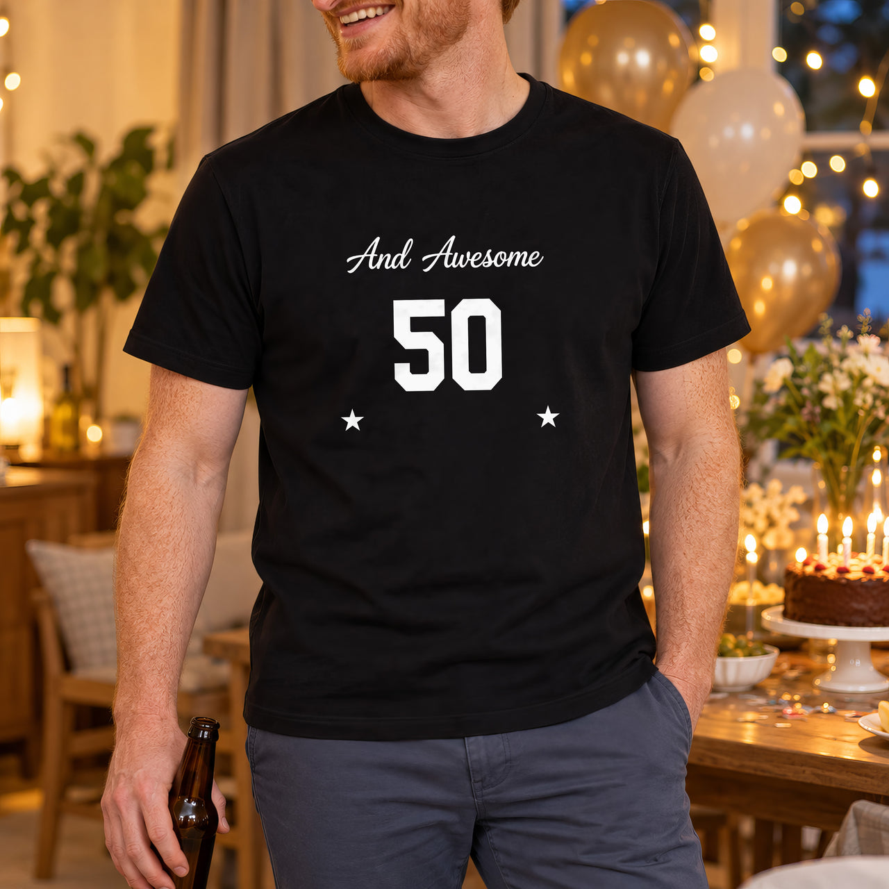 Awesome Age Birthday Iron-On Transfer, shown on a black t-shirt
