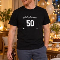Awesome Age Birthday Iron-On Transfer, shown on a black t-shirt