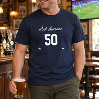 Awesome Age Birthday Iron-On Transfer, shown on a navy t-shirt
