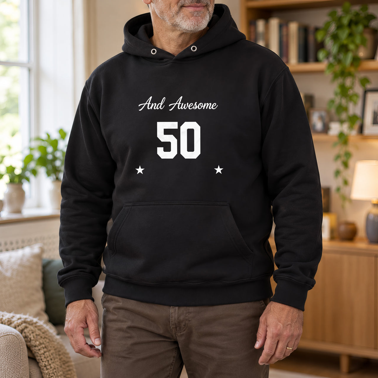 Awesome Age Birthday Iron-On Transfer, shown on a black hoodie