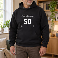 Awesome Age Birthday Iron-On Transfer, shown on a black hoodie