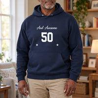 Awesome Age Birthday Iron-On Transfer, shown on a navy hoodie