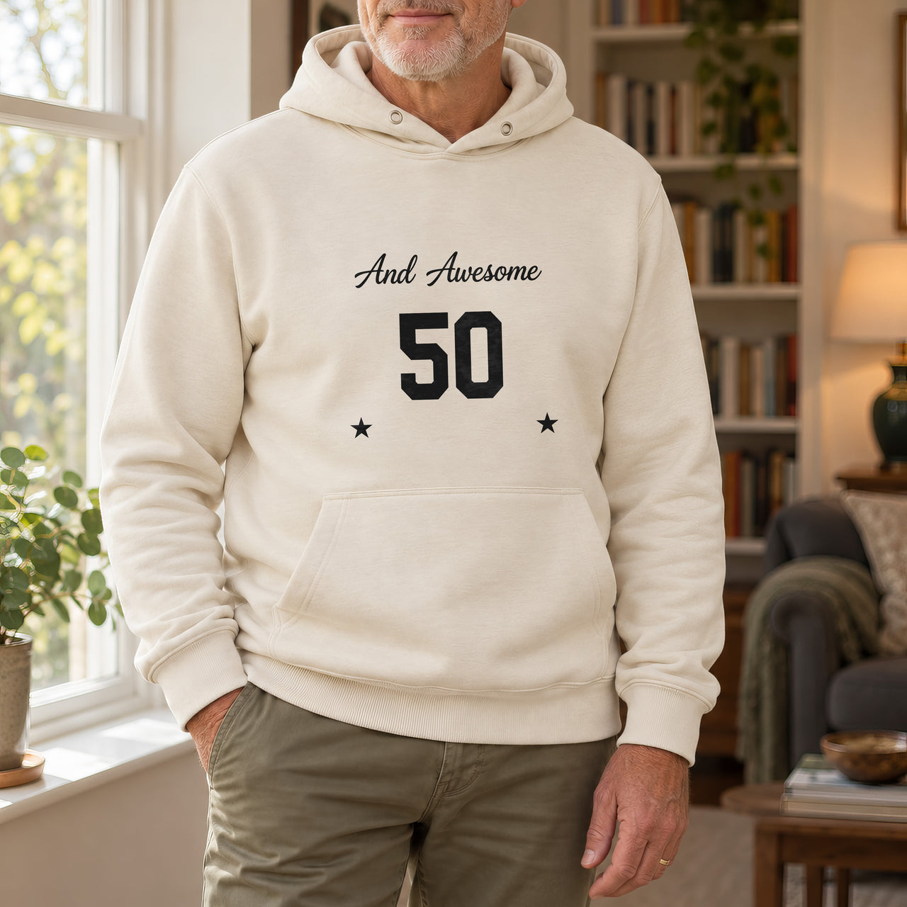 Awesome Age Birthday Iron-On Transfer, shown on a natural hoodie