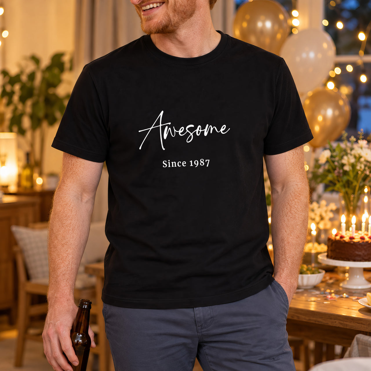 Awesome Since Year Iron-On Transfer, shown on a black t-shirt