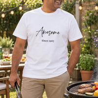 Awesome Since Year Iron-On Transfer, shown on a white t-shirt
