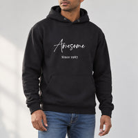 Awesome Since Year Iron-On Transfer, shown on a black hoodie