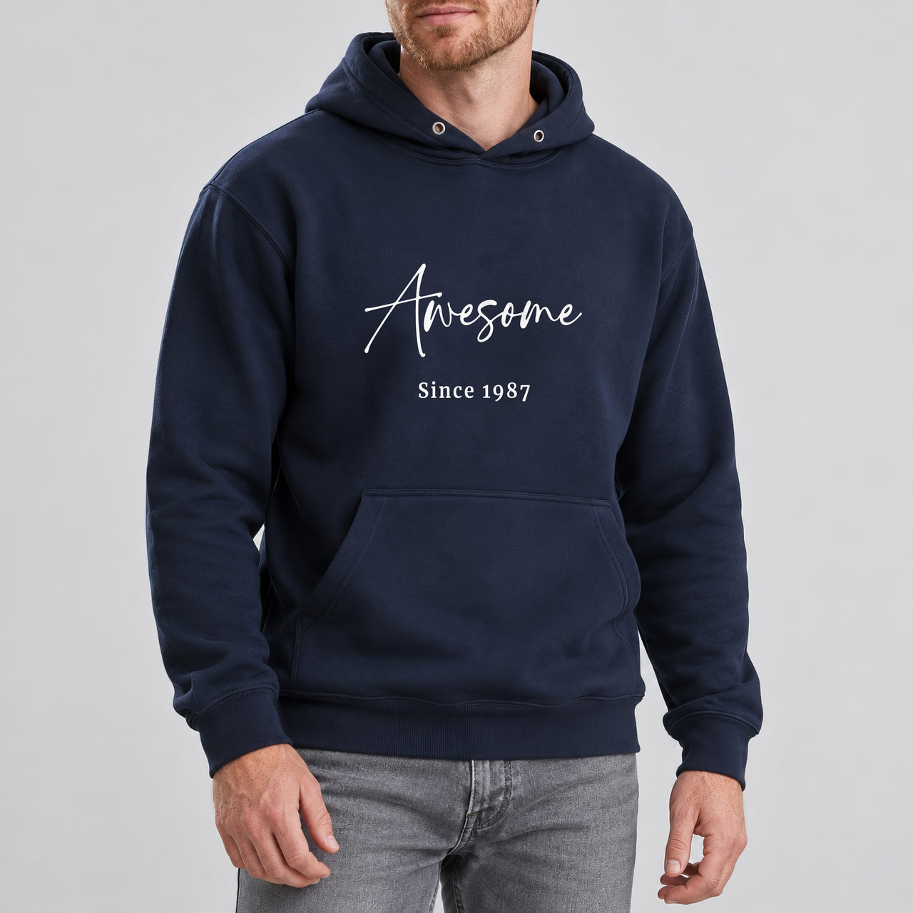 Awesome Since Year Iron-On Transfer, shown on a navy hoodie