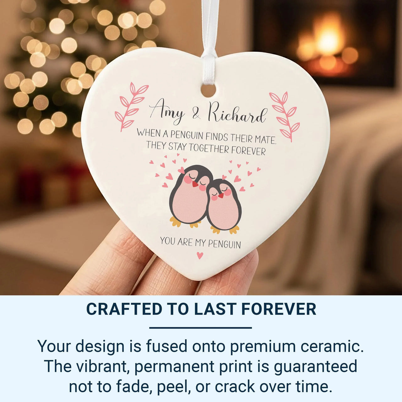 Valentine Penguin Ornament – Heart Shaped Keepsake With Custom Names & Love Quote DENMARY