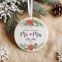 First Christmas Mr & Mrs Ornament - Newlywed Keepsake with Poinsettias for Couples' Tree