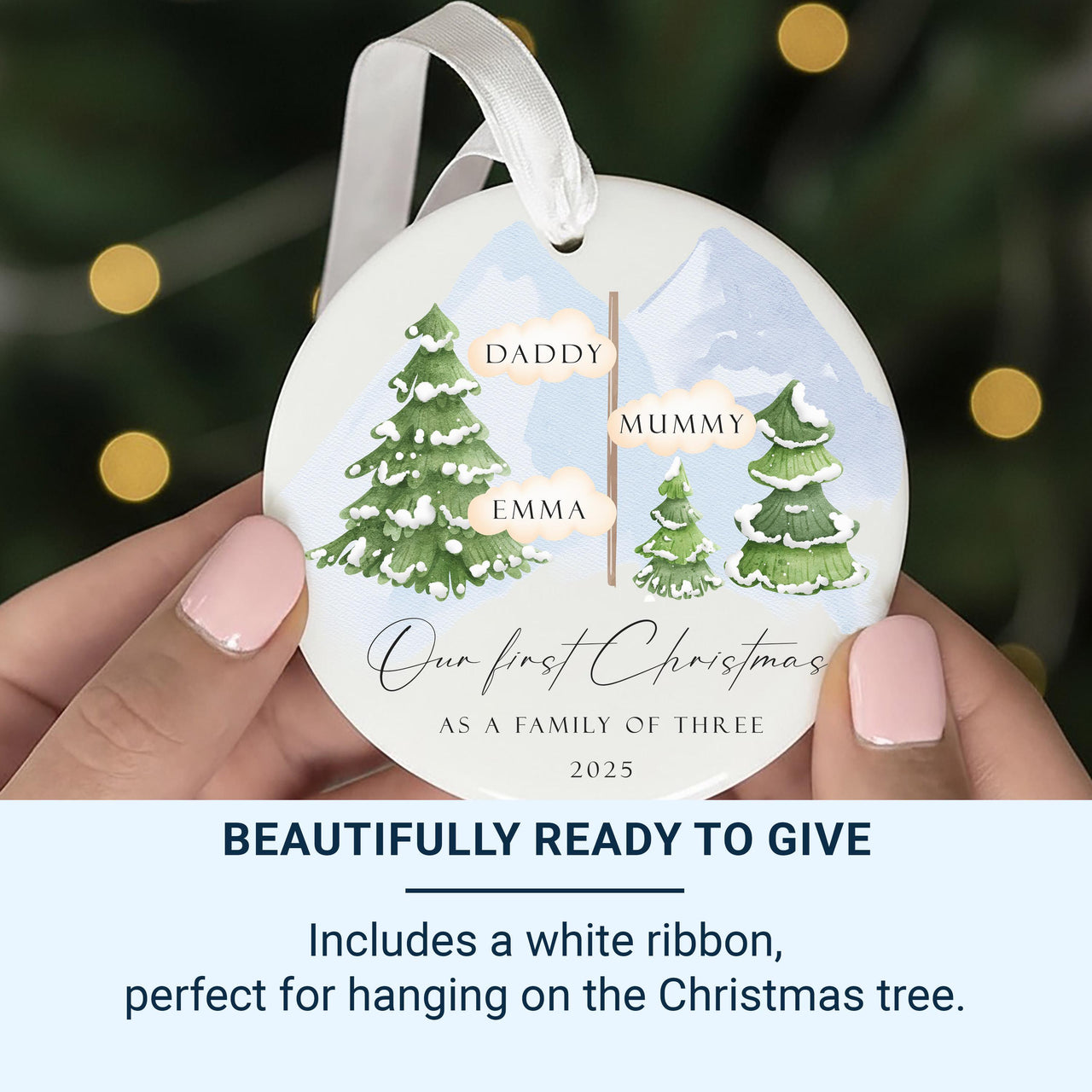 First Christmas as Family of Three Ornament, Personalised Xmas Bauble, Best Gift for Family, Present for Parents, Christmas Tree Decoration