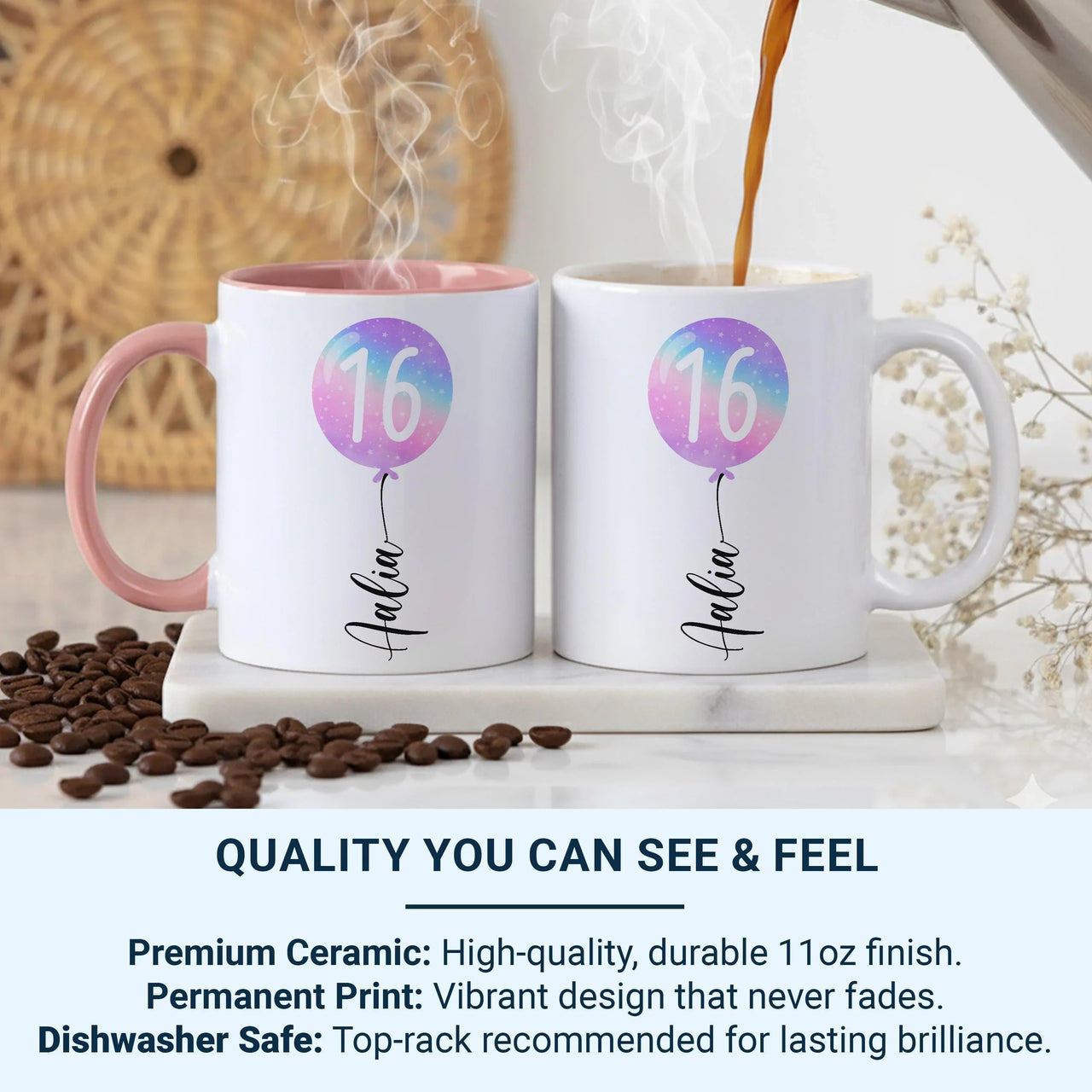 16th Birthday Mug – Personalised Name and Star Balloon Design – Sweet Sixteen Milestone Gift and Morning Surprise