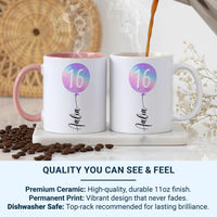 16th Birthday Mug – Personalised Name and Star Balloon Design – Sweet Sixteen Milestone Gift and Morning Surprise