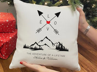 Personalised Adventure Cushion – Romantic Mountain Pillow With Custom Names & Arrows Design