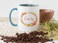 Personalised Autumn Wreath Mug – Name with Pumpkins, Leaves and Acorns – Cosy Fall Season Gift