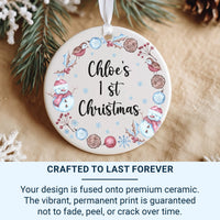 Baby First Christmas Ornament - Personalised Baby Name Keepsake With Snowmen & Holly