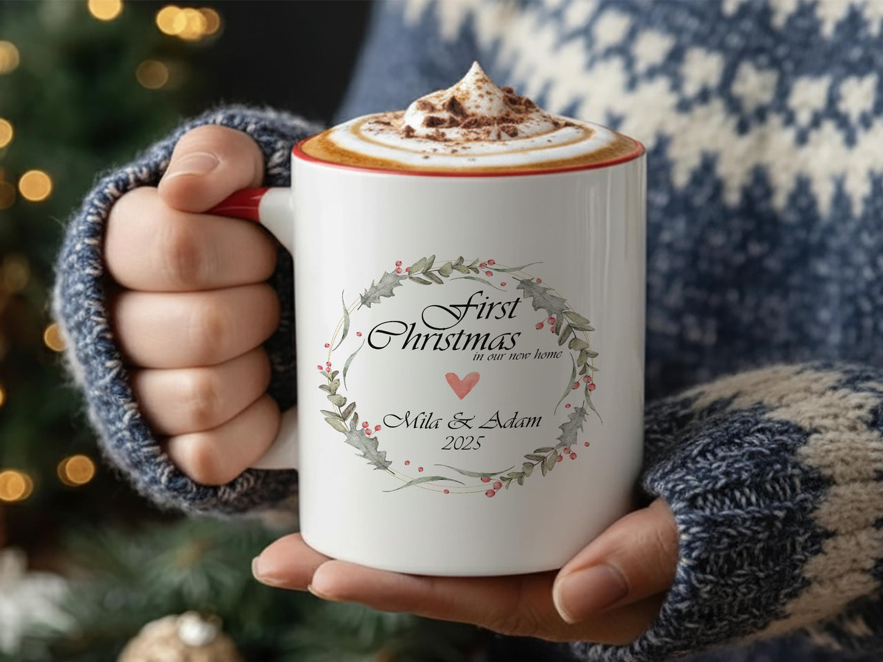 First Christmas in Our New Home Mug – Personalised Names, Year and Wreath – Couple’s Housewarming and Festive Keepsake