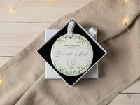 First Christmas Engaged Ornament - Ring Motif Keepsake with Leafy Design & Names