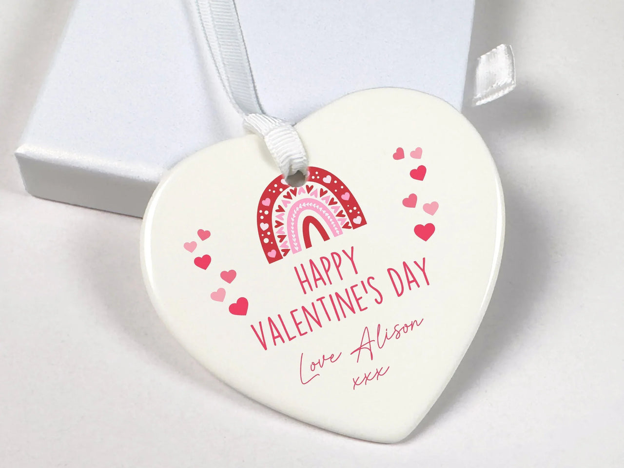 Valentine Rainbow Ornament - Personalised Ceramic Heart Keepsake with Custom Name & Message DENMARY
