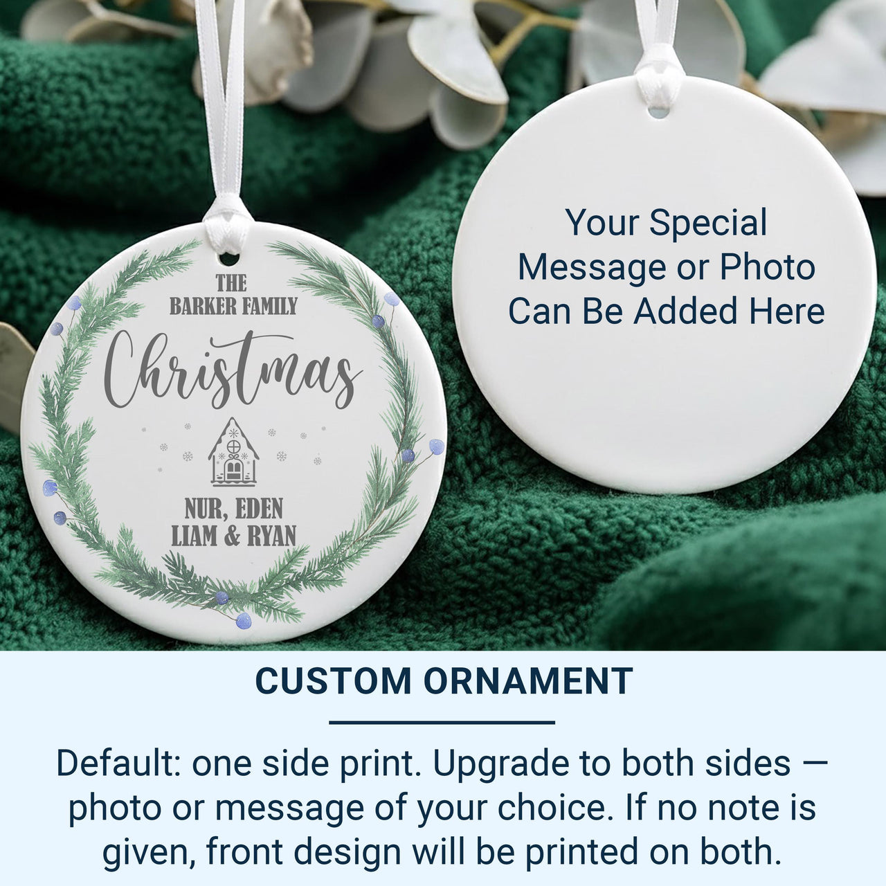 Family Christmas Ornament - Pine Wreath Keepsake with House for Family Tree