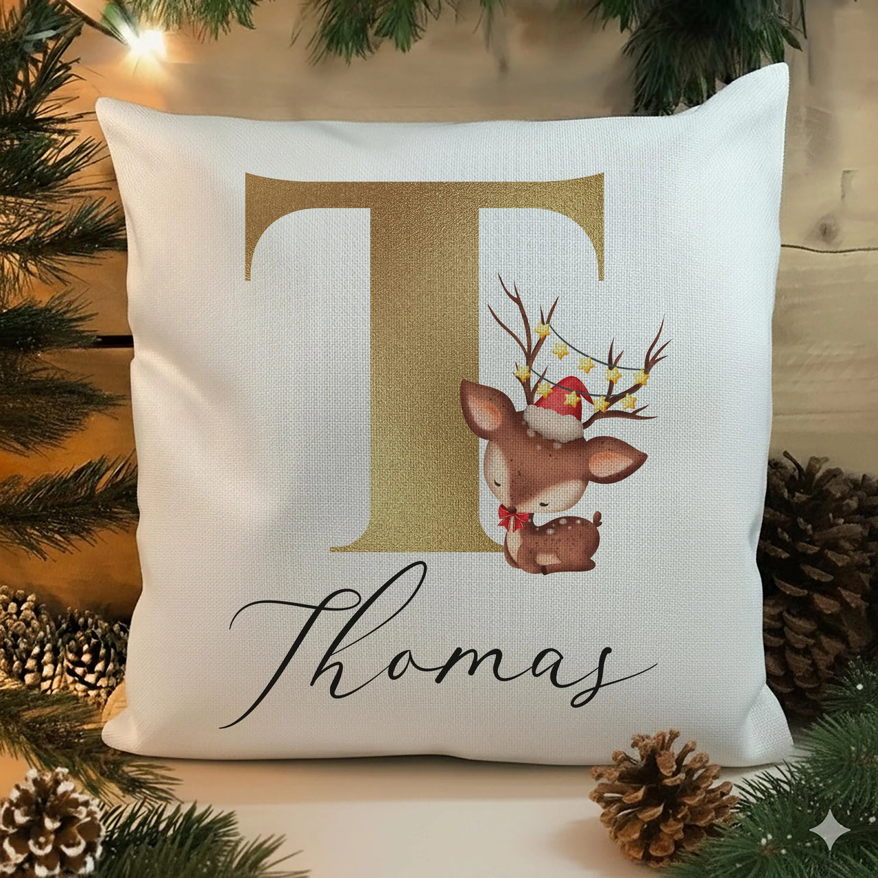 Personalised Christmas Cushion – Reindeer Design Cushion with Gold Initial Pillow