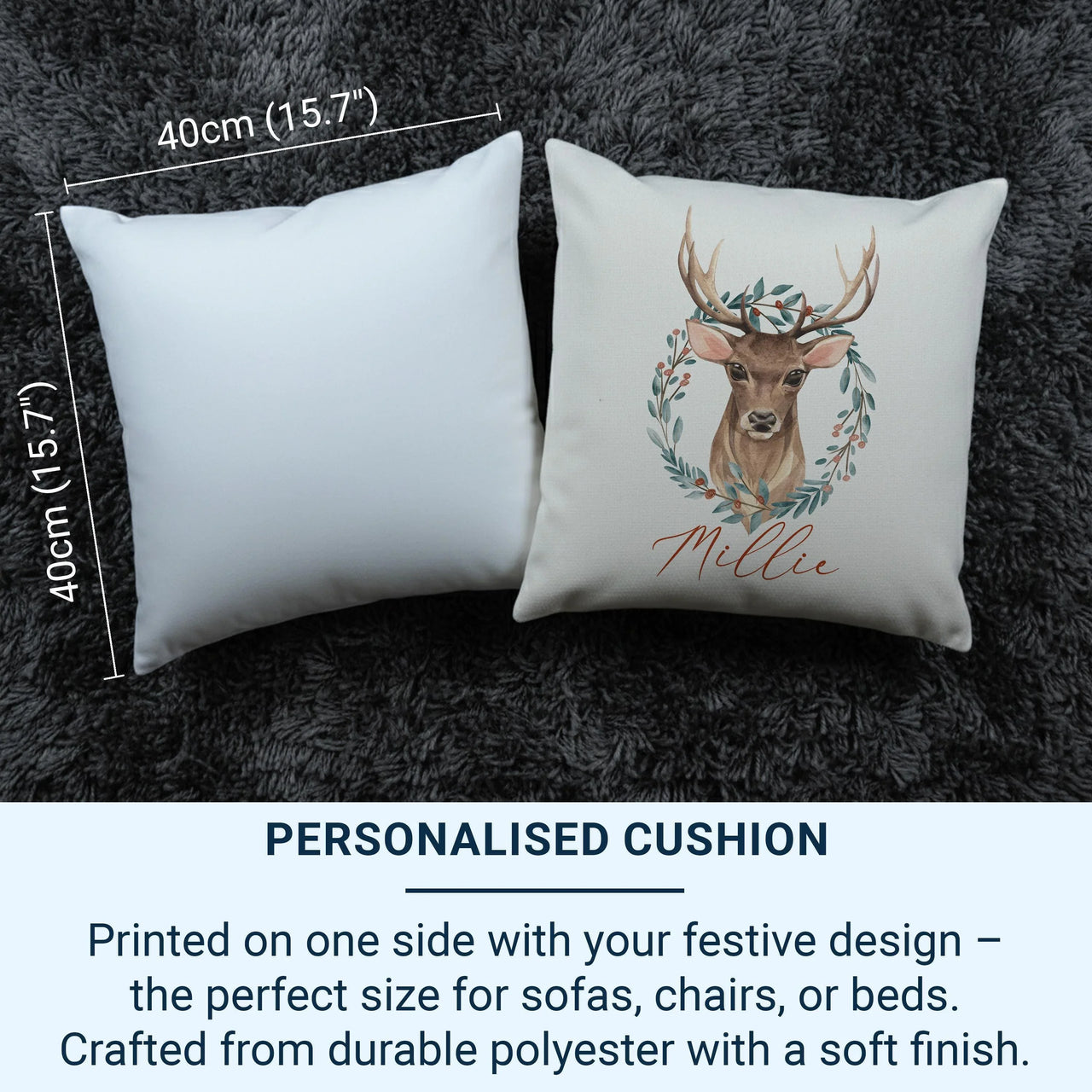 Personalised Christmas Cushion – Watercolour Deer Design | Soft Touch Cover