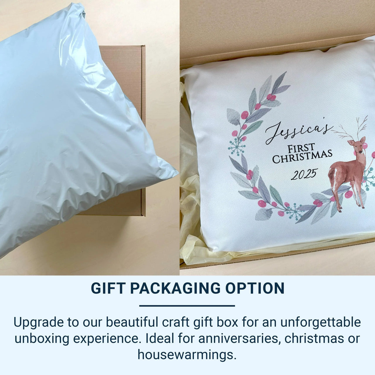 Personalised Baby Christmas Cushion – Custom Name Festive Deer Pillow 40cm