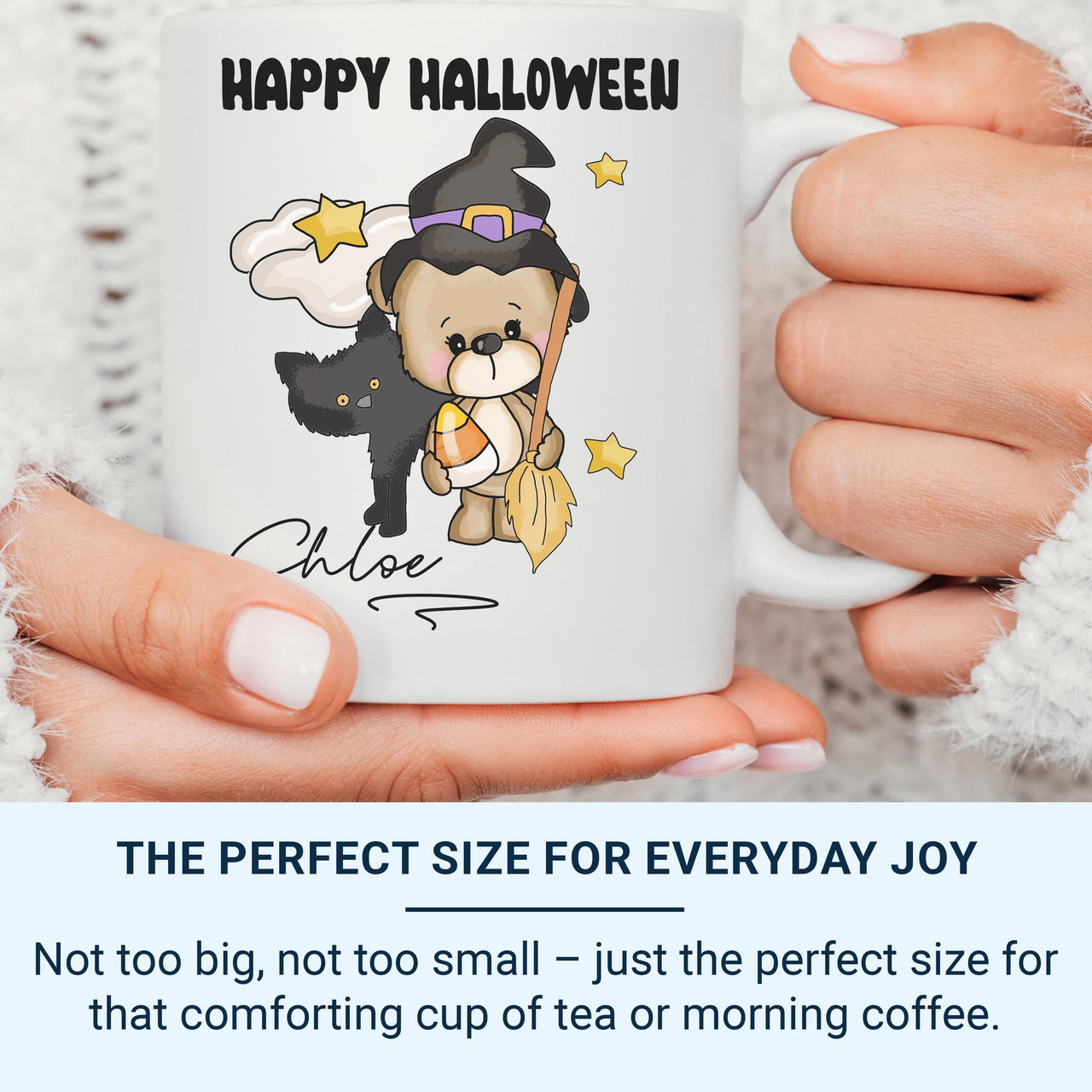 Happy Halloween Mug – Personalised Name with Witch Bear and Cat – Kids’ Spooky Season Trick_or_Treat Gift